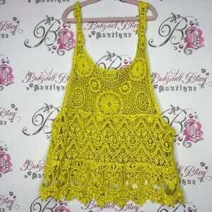 Debut tank top green yellow crochet knit floral boho hippie summer cute ☮️